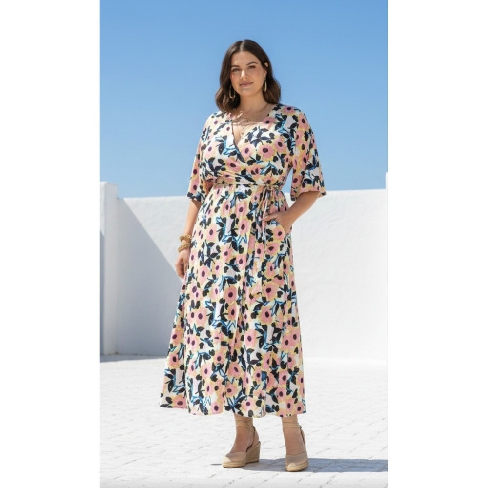 NWT‎ ASOS Maxi Dress Women Size 12 Pink Floral Wrap V-Neck Cotton Pockets
